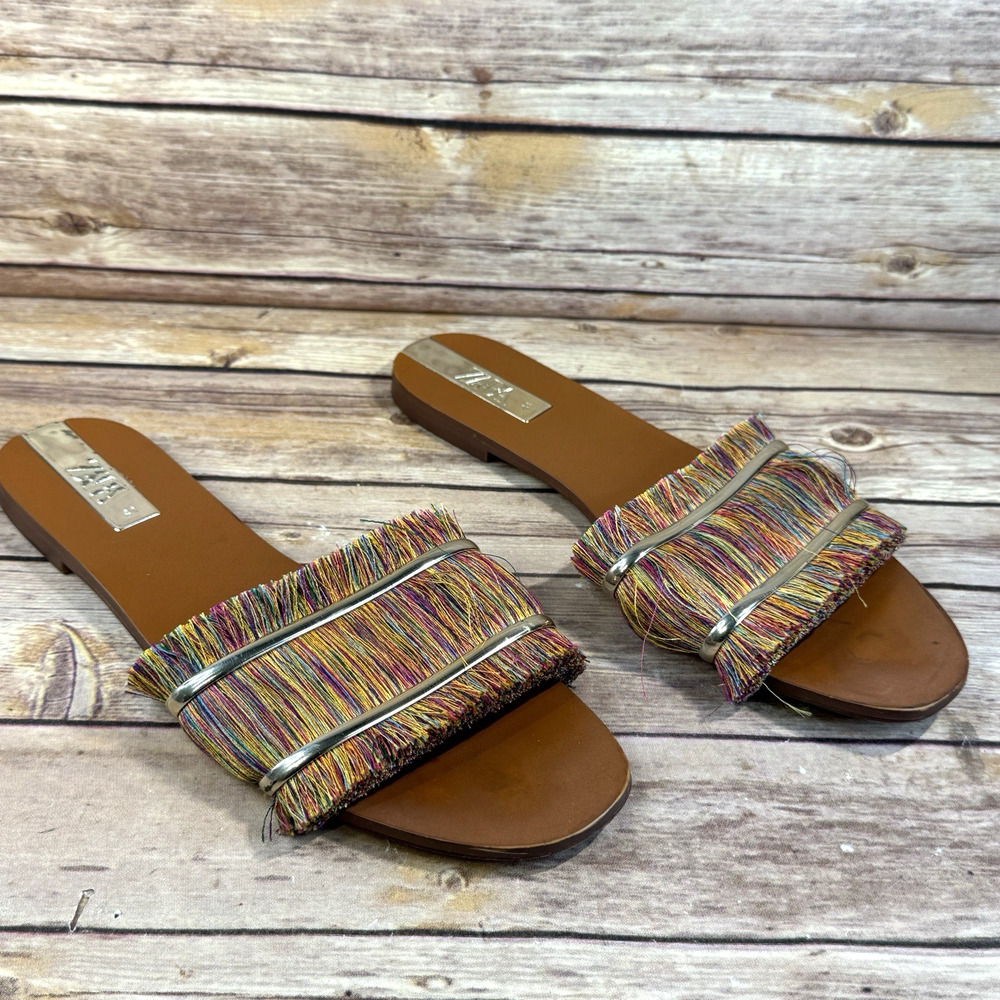 Zara Womens Multicolor String Fringed Slip On Open Toe Slides Sandals 41